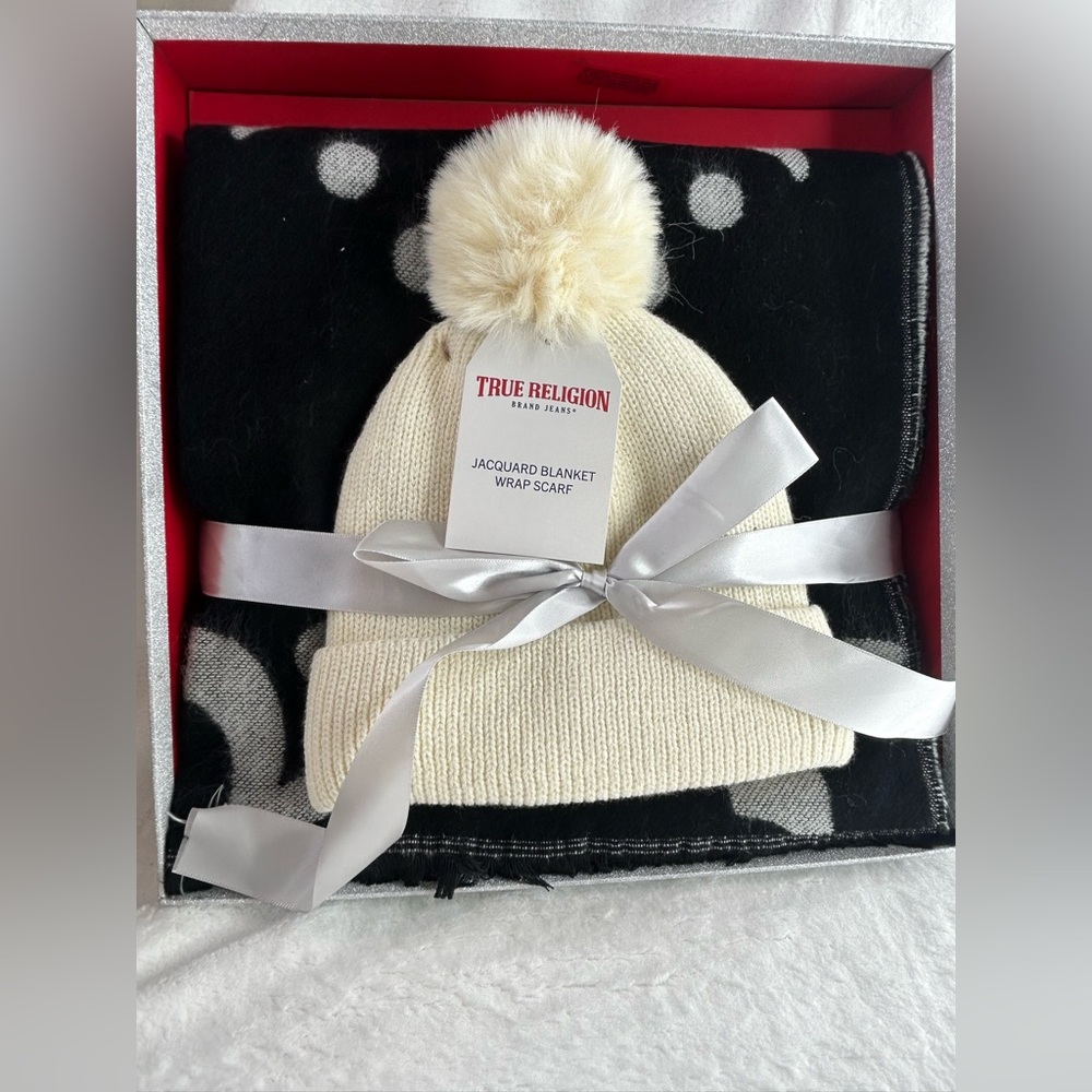 True Religion Cream Pom-Pom Beanie and Black Blanket Set